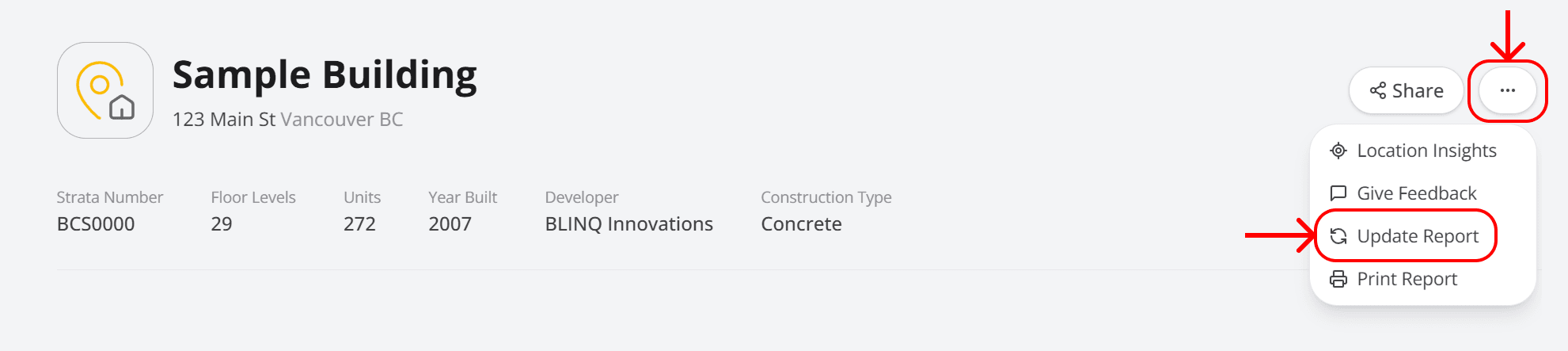 Three-dot menu in the report viewer with red highlight