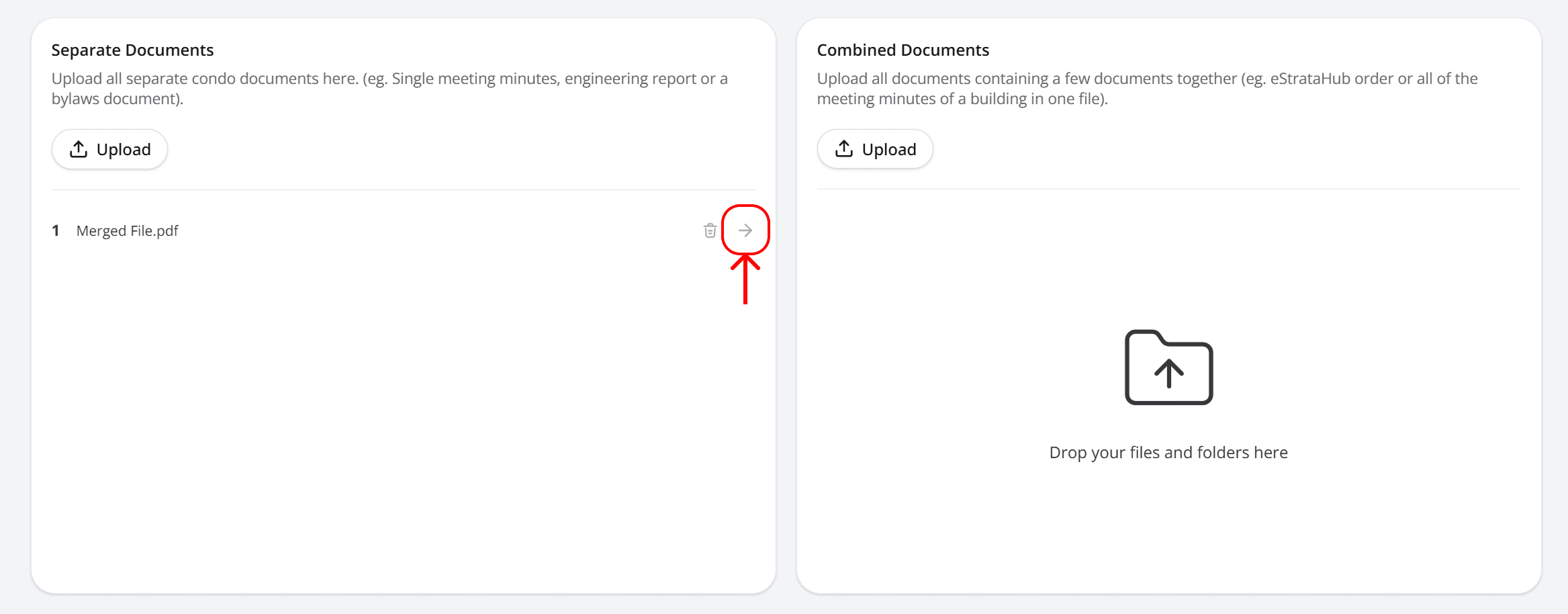 Arrow control to move an uploaded file to another section