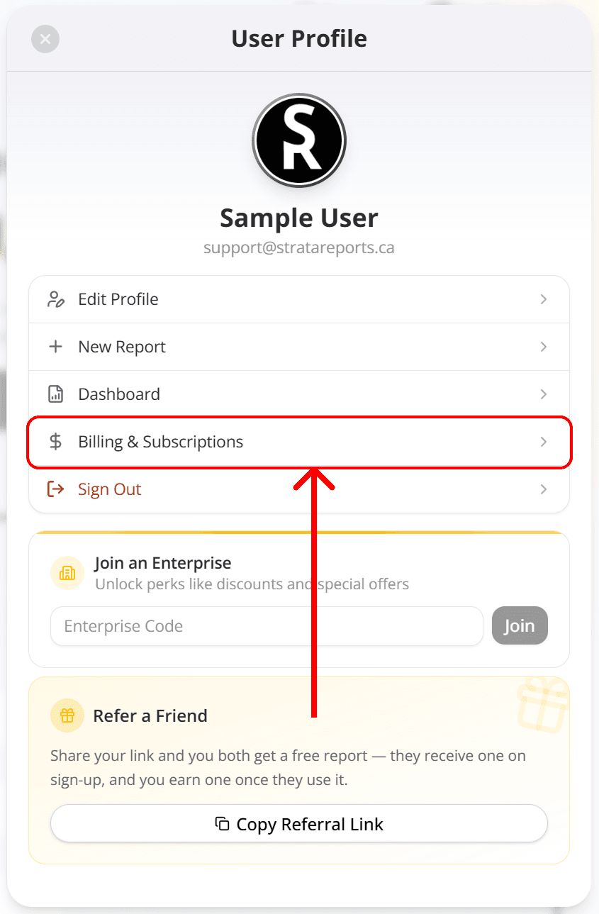 Subscription and billing management panel