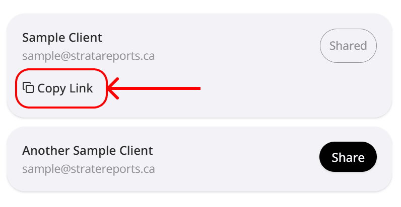 Copy link button in shared items list