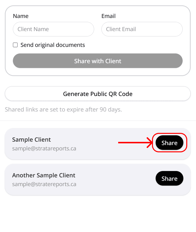 Previous clients list with share buttons