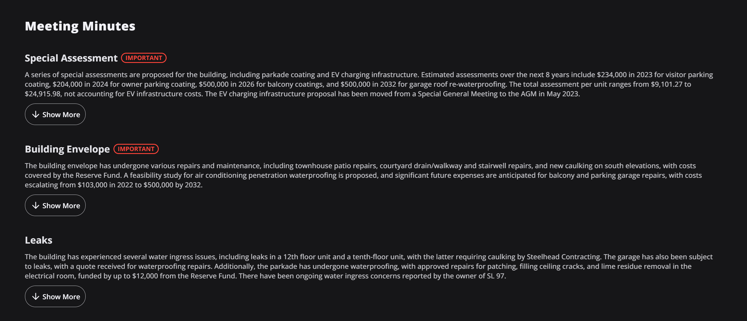 Extracted Meeting Minutes Important Information in a building in AB